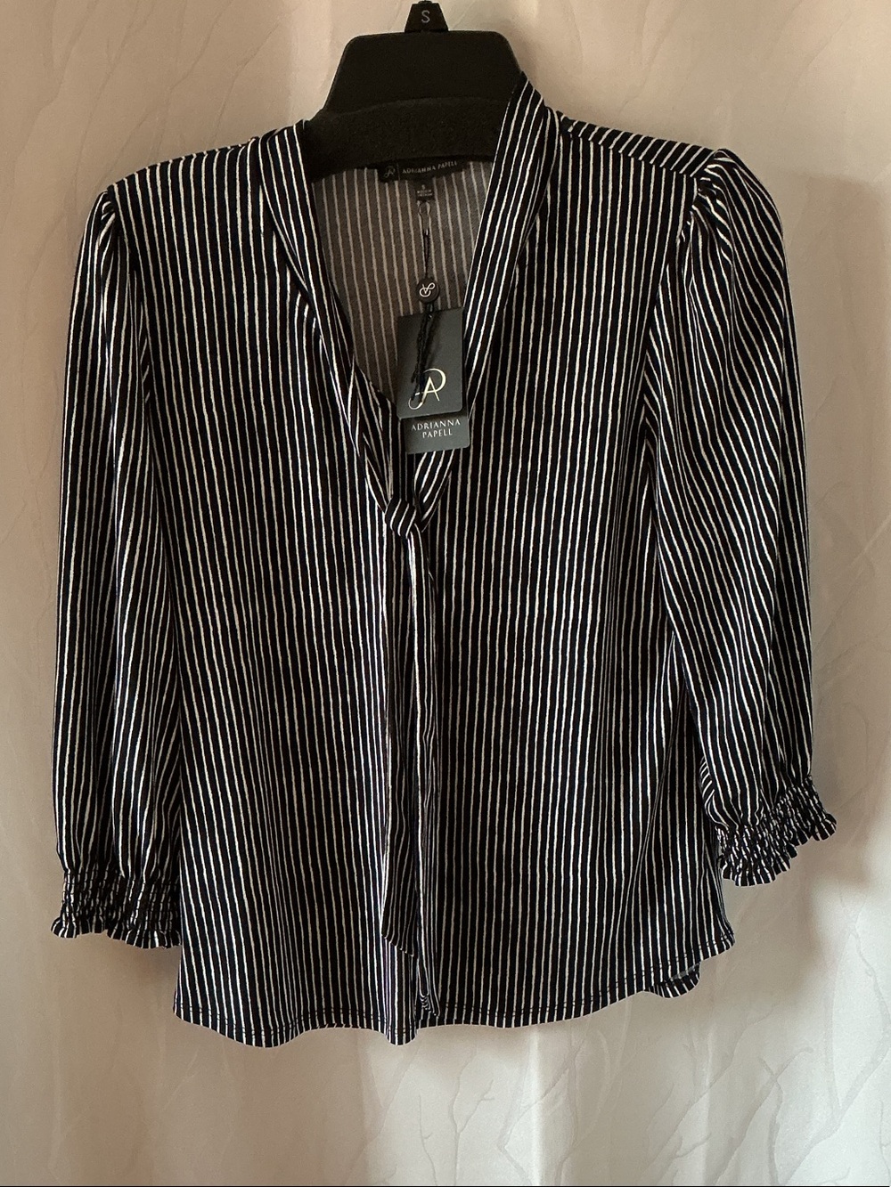 Adrianna Papell Black & White Vertical Stripe Tie-Neck Blouse